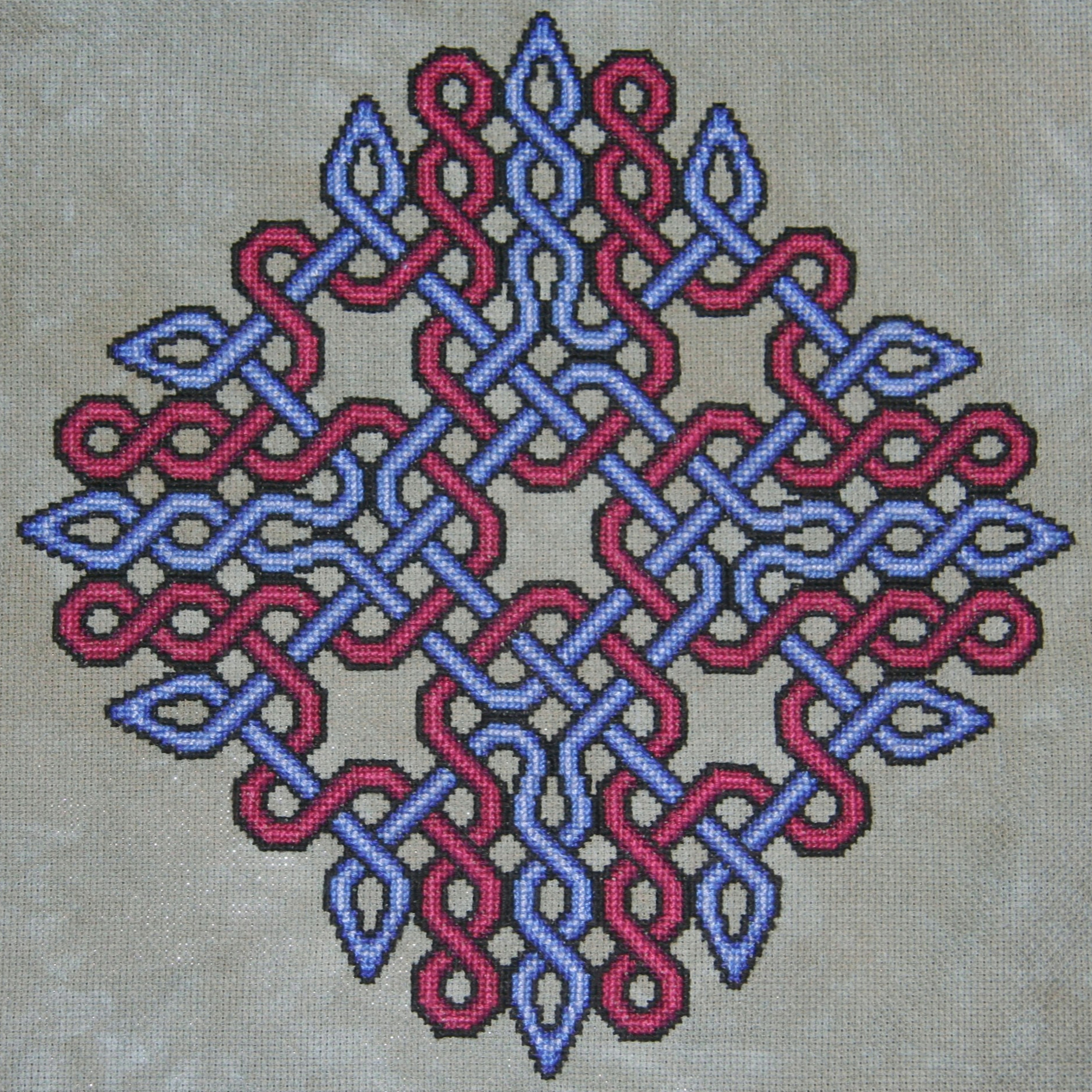 Arcturus stitched in Sapphire and Plum on sea green linen