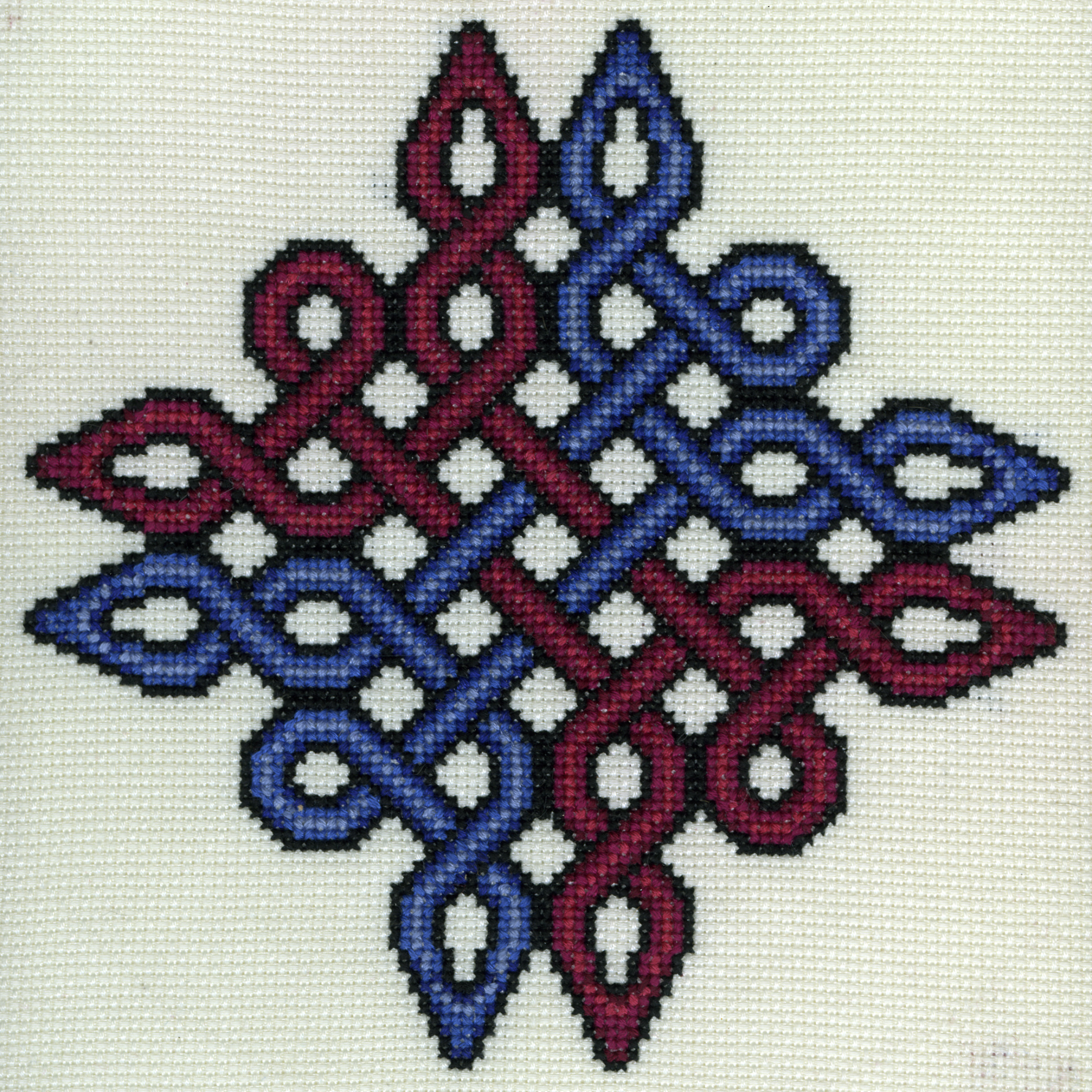 Binary System stitched in Sapphire and Ruby on ivory